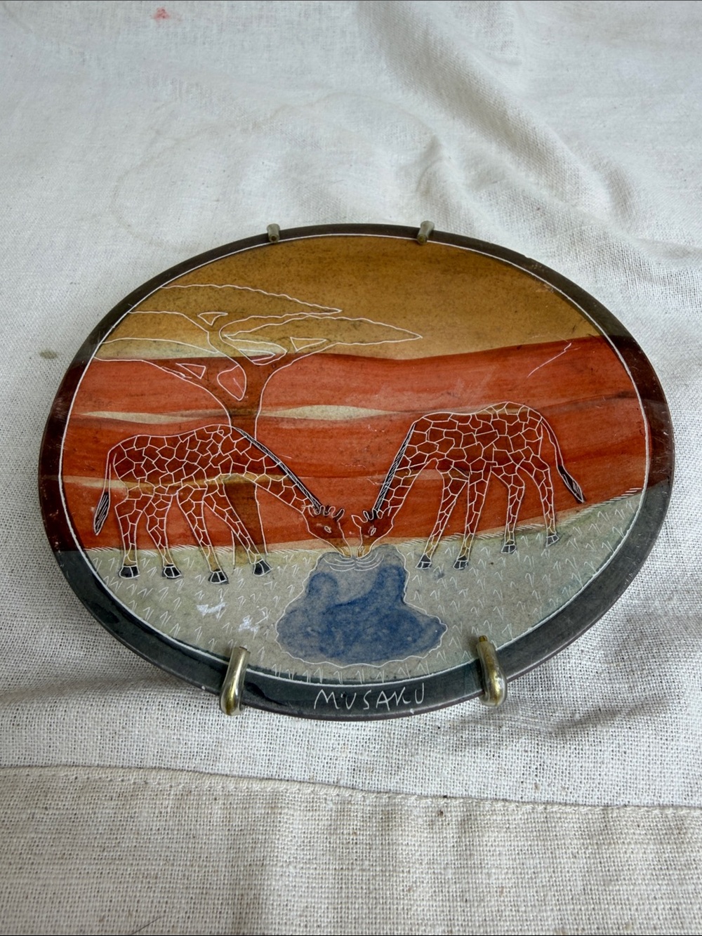Giraffe Enamel Art Plate in Earth Tones